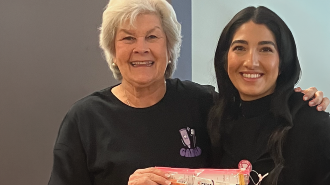 Kathryn (left) shares oral comfort kits she assembled for oncology patients with Claudia Roman, nurse manager at Baylor Scott & White – Marble Falls.