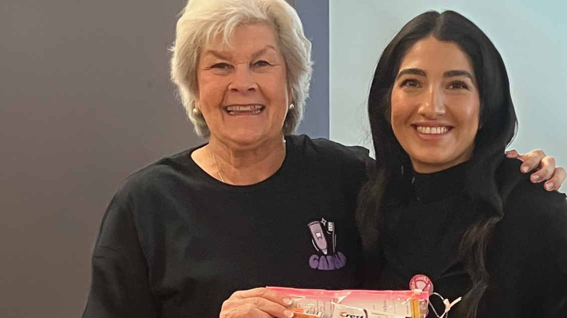 Kathryn (left) shares oral comfort kits she assembled for oncology patients with Claudia Roman, nurse manager at Baylor Scott & White – Marble Falls.